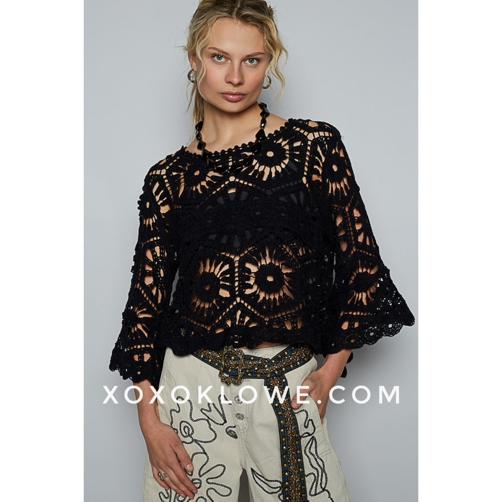 POL Cream Crochet Top | Boho Bell Sleeve Knit | Festival Cottagecore Vibe - Picture 8 of 8